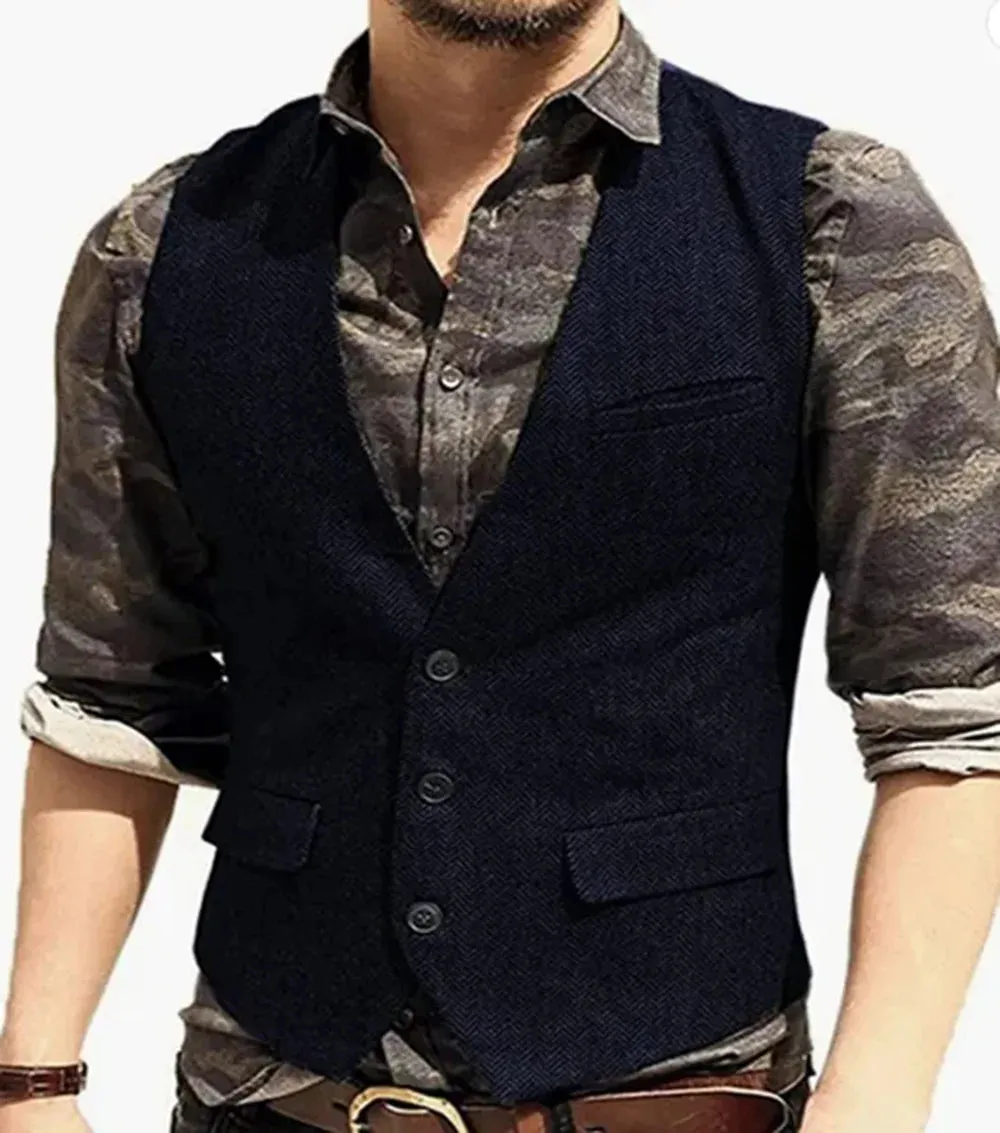 Aidase Black Flip Pocket Men Suit Vest V Neck Jacket Herringbone Tweed Business Waistcoat Wedding Groomman Clothing Victorian Steampunk