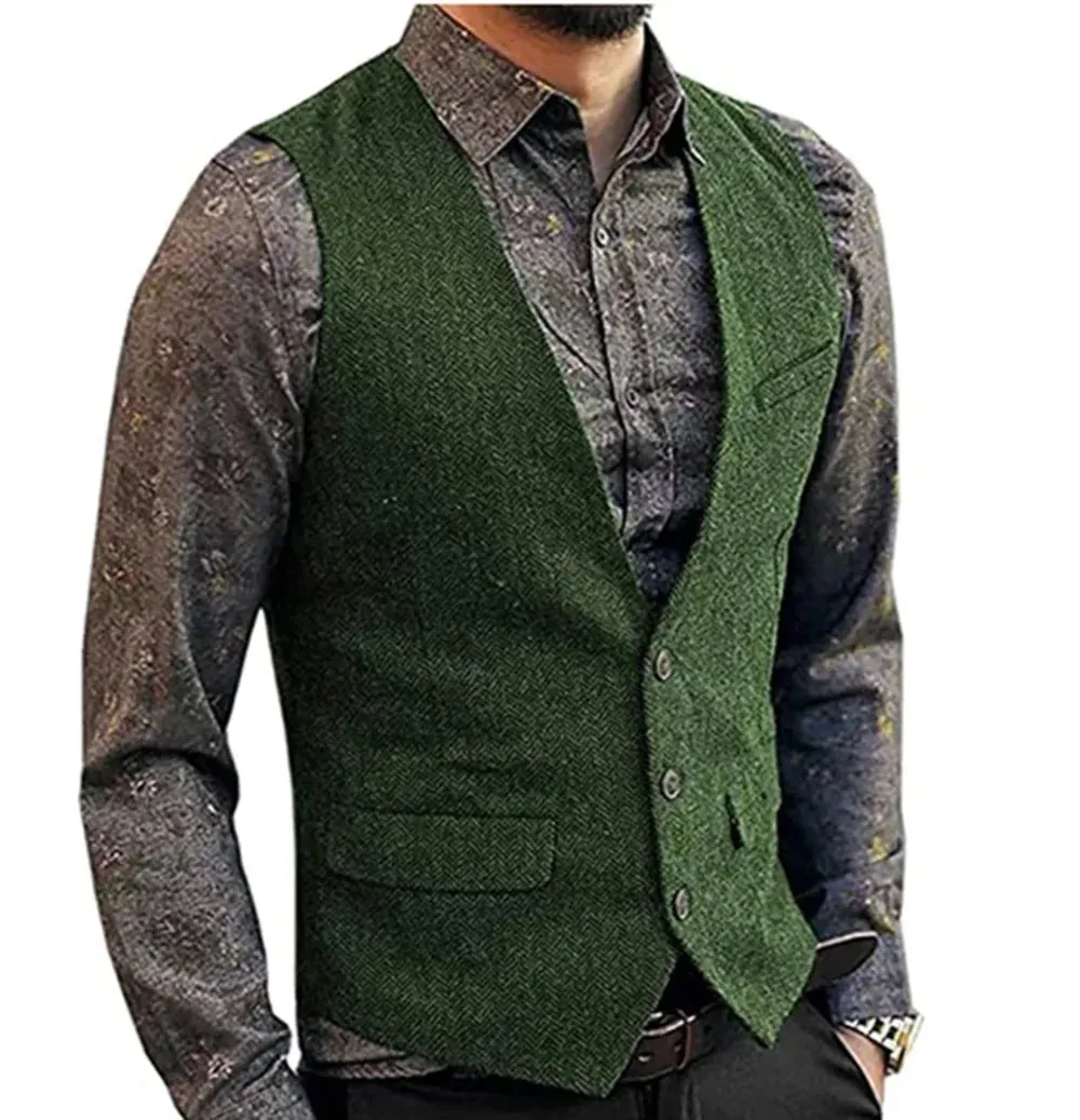 Aidase Black Flip Pocket Men Suit Vest V Neck Jacket Herringbone Tweed Business Waistcoat Wedding Groomman Clothing Victorian Steampunk