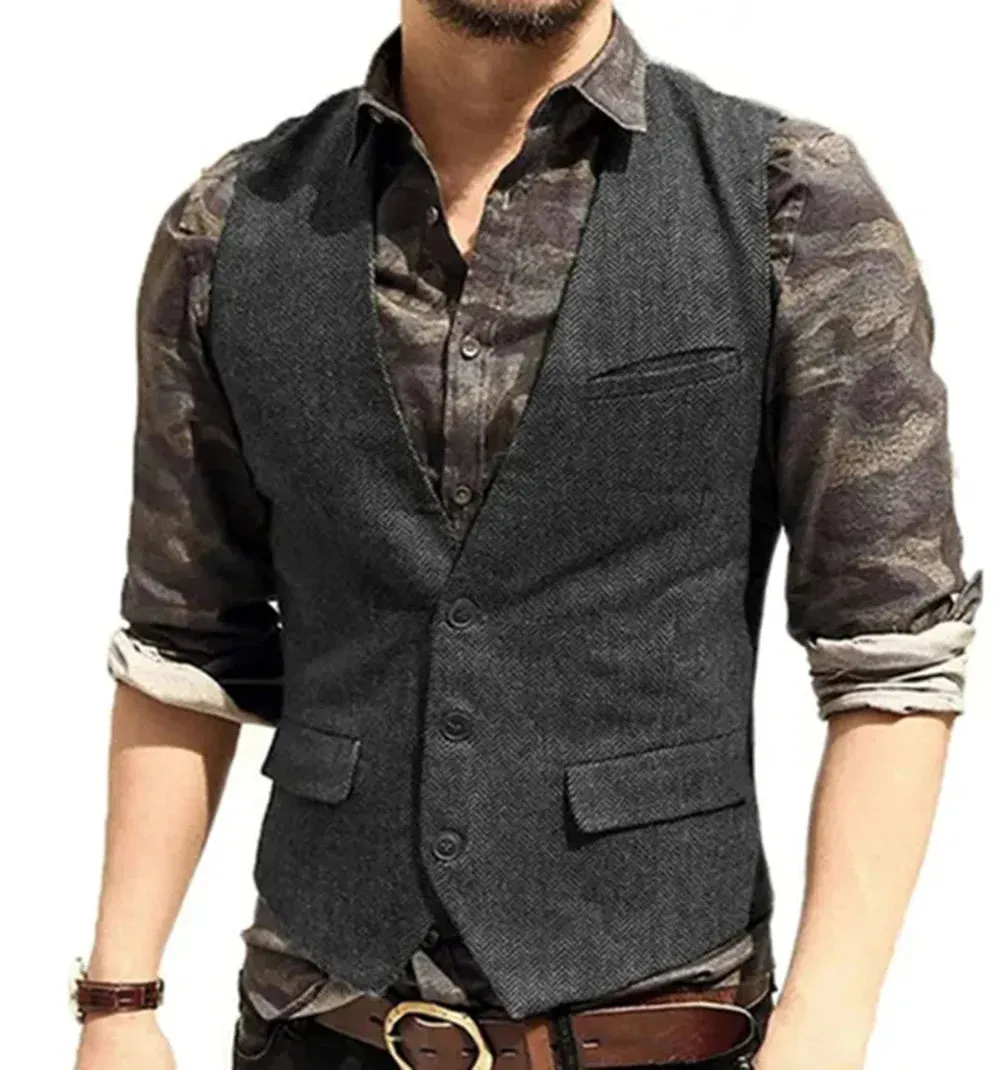 Aidase Black Flip Pocket Men Suit Vest V Neck Jacket Herringbone Tweed Business Waistcoat Wedding Groomman Clothing Victorian Steampunk