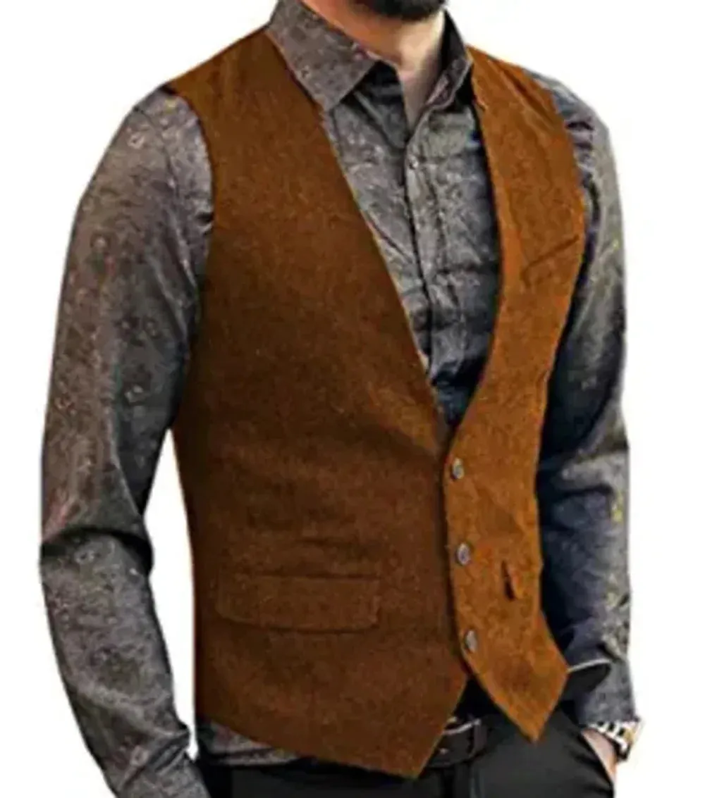 Aidase Black Flip Pocket Men Suit Vest V Neck Jacket Herringbone Tweed Business Waistcoat Wedding Groomman Clothing Victorian Steampunk