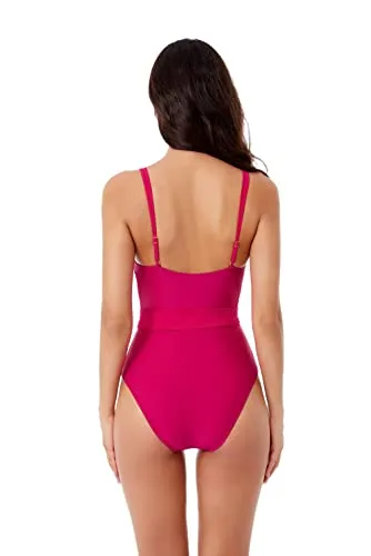 BCA by Rebecca Virtue Megan - Women's One Piece Swimsuit with V-Neck, Wraparound Waist Tie and Adjustable Back Strap, Bathing Suits for Women, Pink, X-Small