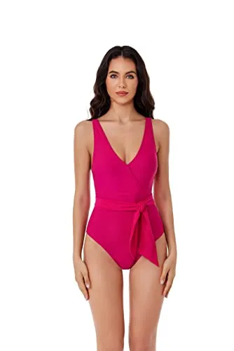 BCA by Rebecca Virtue Megan - Women's One Piece Swimsuit with V-Neck, Wraparound Waist Tie and Adjustable Back Strap, Bathing Suits for Women, Pink, X-Small