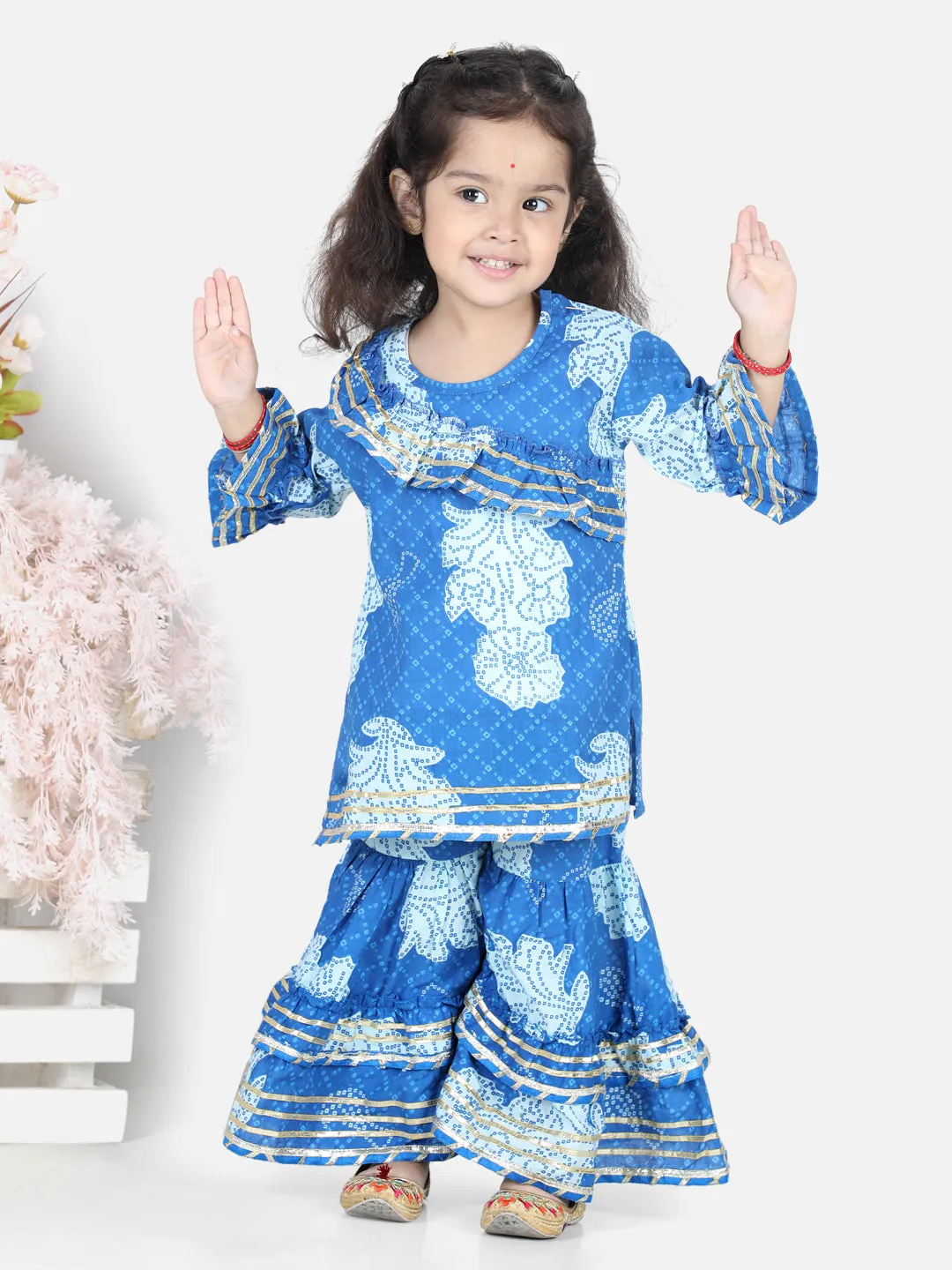 BownBee 100% Pure Cotton Three Fourth Sleeves Seamless Bandhej Designed & Ruffled Kurti With Coordinating Gota Lace Embellished Sharara - Blue