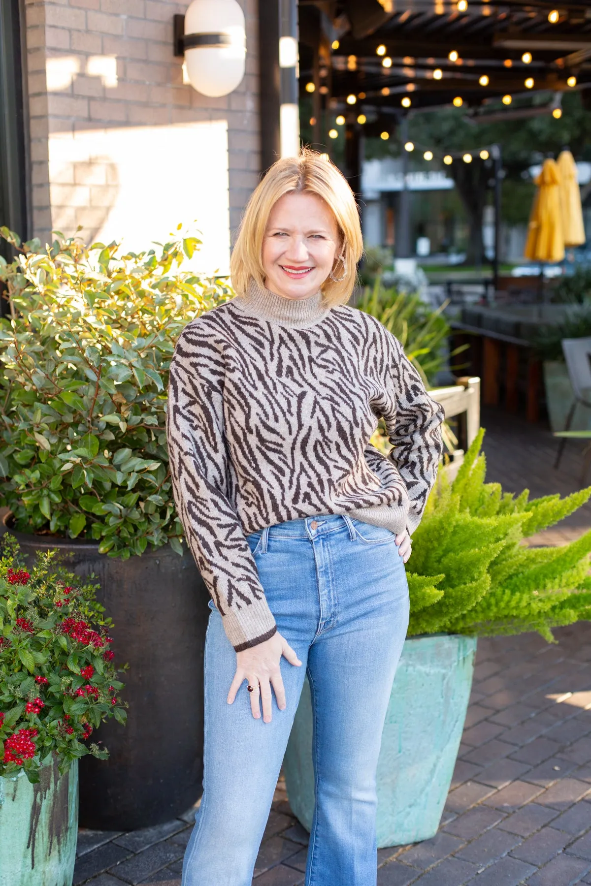 Brown Zebra Mock Neck Long Sleeve Sweater