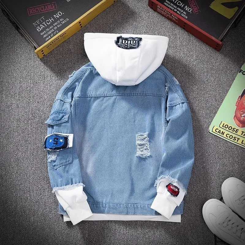 Denim Jacket Streetwear Hip Hop Men Hooded Jean Jackets Male Casual Loose Outerwear New Spring Fashion Slim Fit Coat