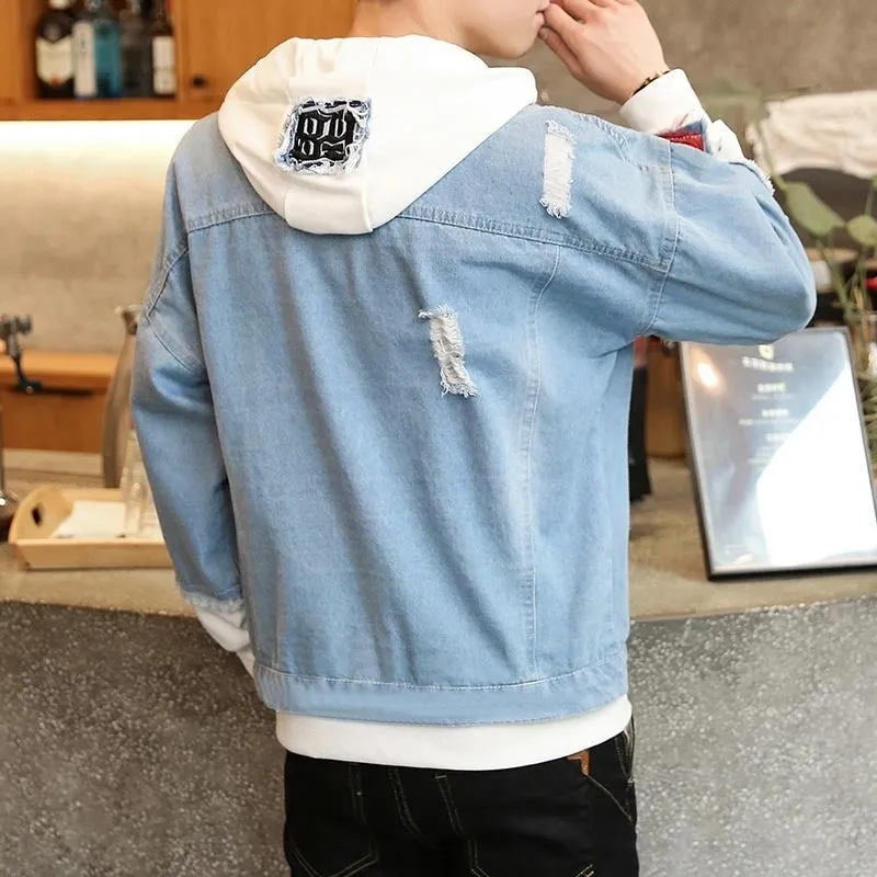 Denim Jacket Streetwear Hip Hop Men Hooded Jean Jackets Male Casual Loose Outerwear New Spring Fashion Slim Fit Coat