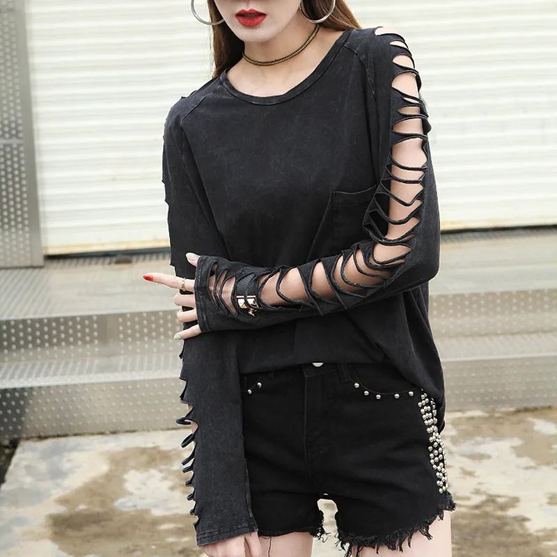 Gothic Women's T-Shirt with Long Sleeve / Black Loose Slim Hollow Pullover