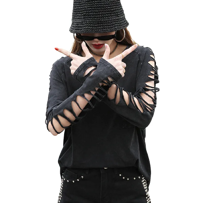 Gothic Women's T-Shirt with Long Sleeve / Black Loose Slim Hollow Pullover