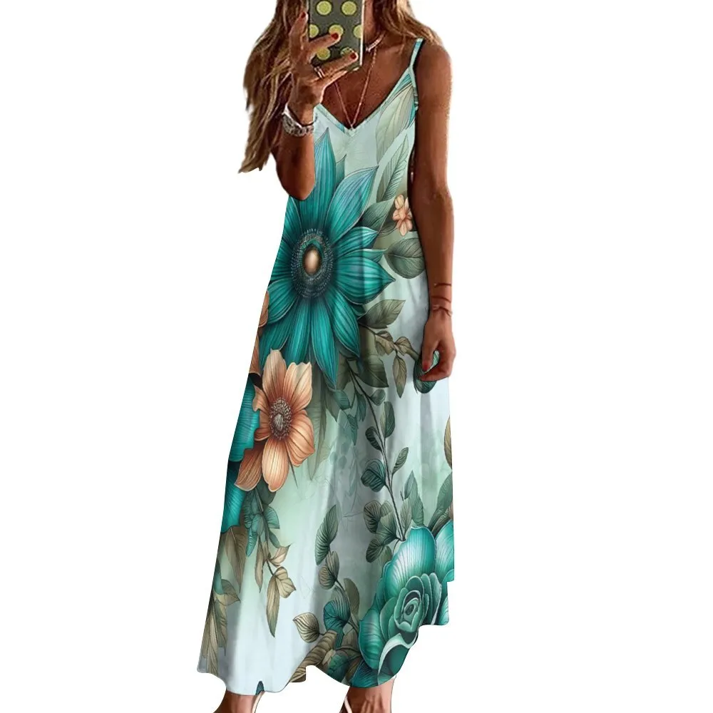 Green Floral Spaghetti Strap Ankle-Length Dress Long dress