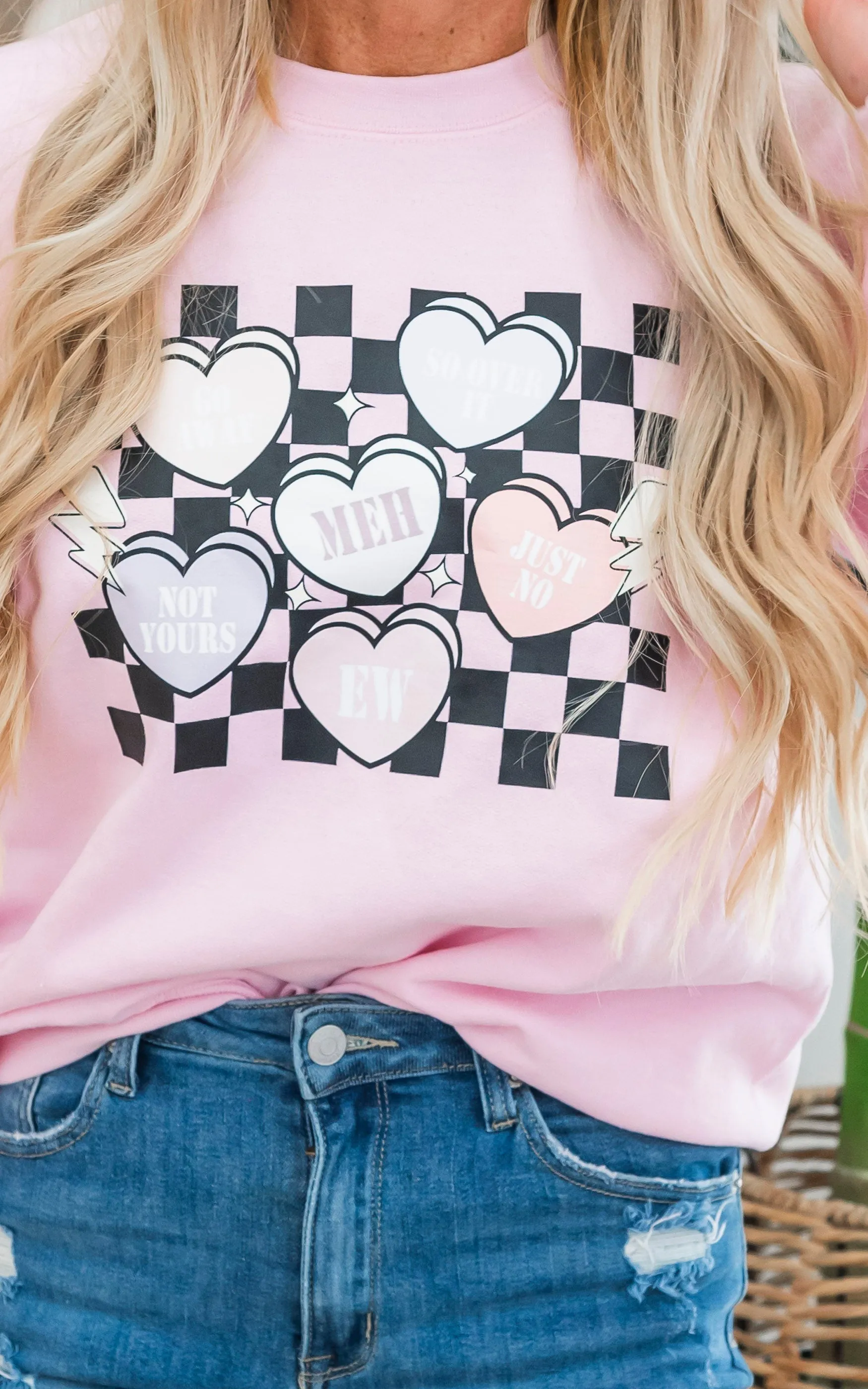 Meh Go Away Candy Hearts Crewneck Sweatshirt