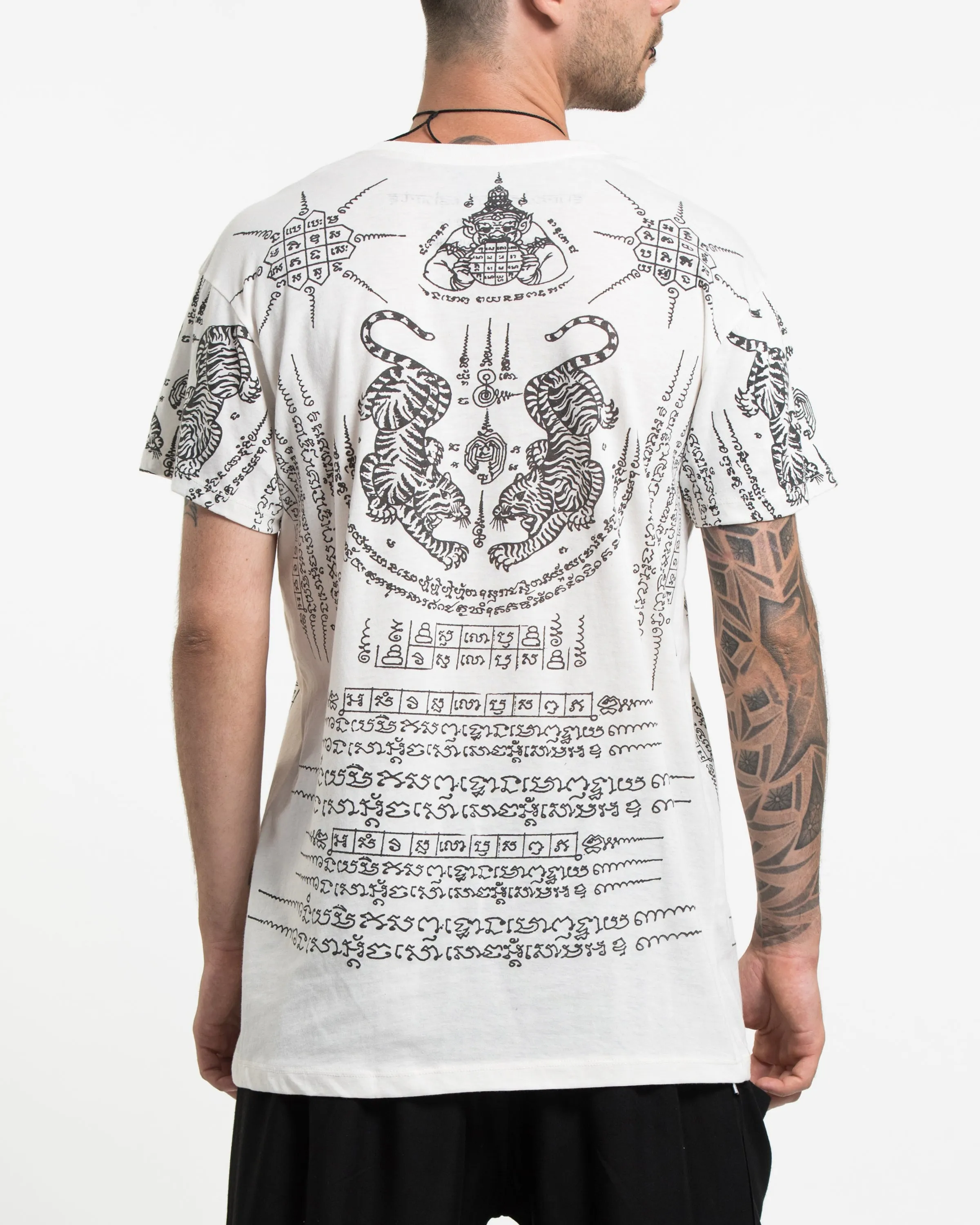 Mens Twin Tigers Tattoo T-Shirt in White