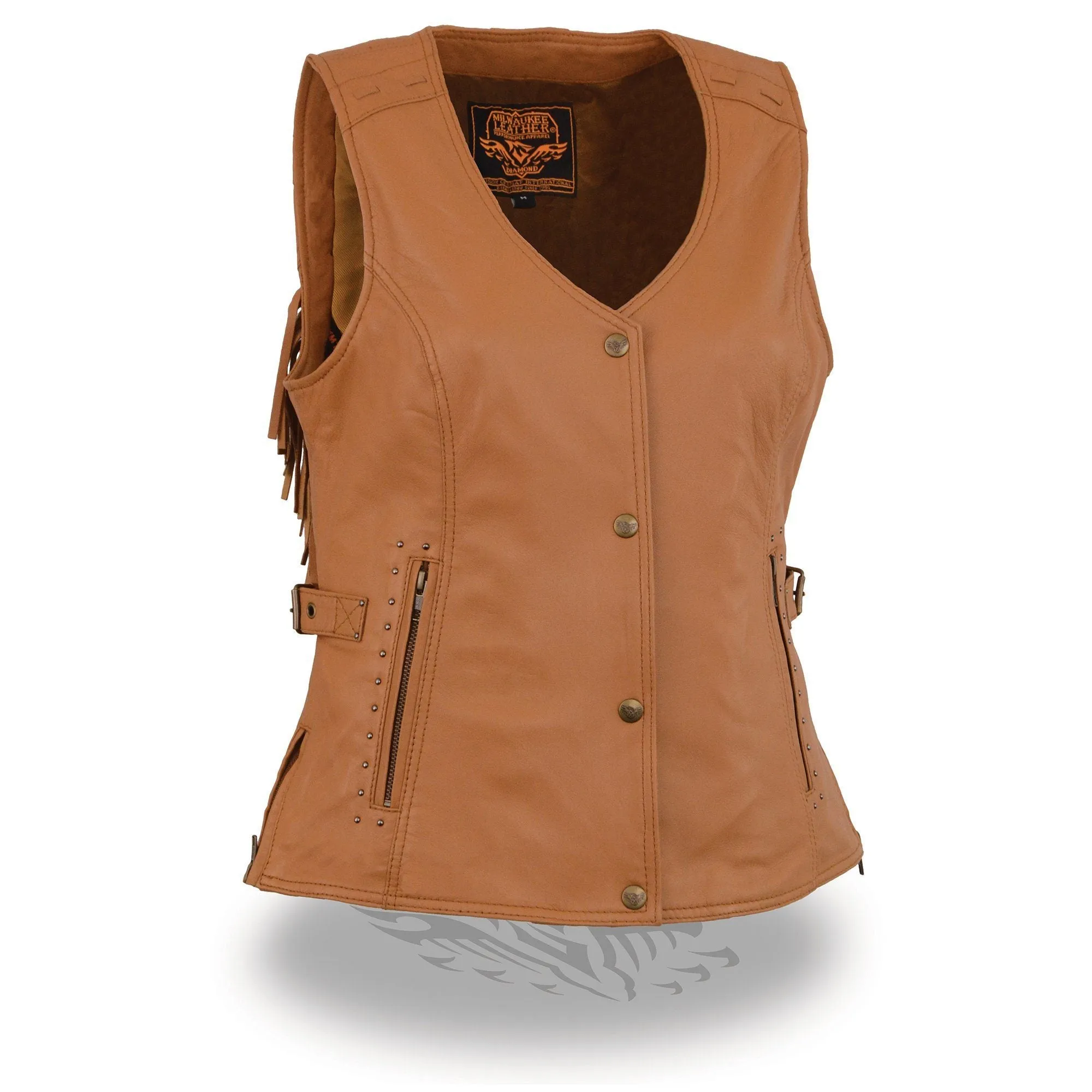 Milwaukee Leather MLL4566 Ladies Saddle Tan Snap Front Vest with Fringe