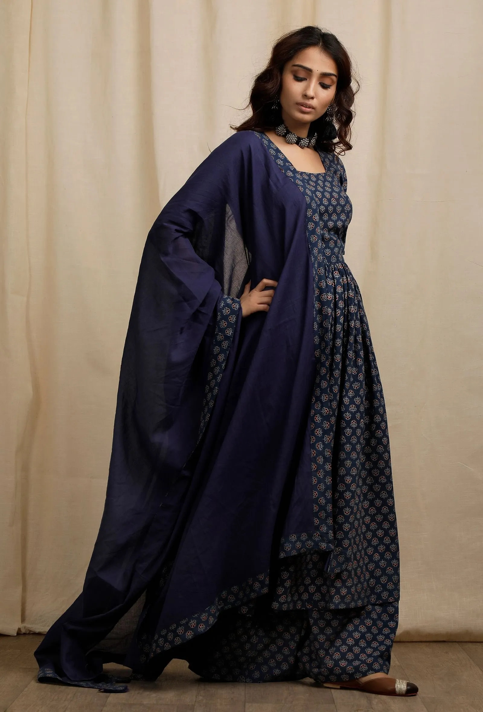 Set of 3:  Blue Ajrakh Print Gathered and Cotton Plain dupatta with Ajrakh Print Flared Pants