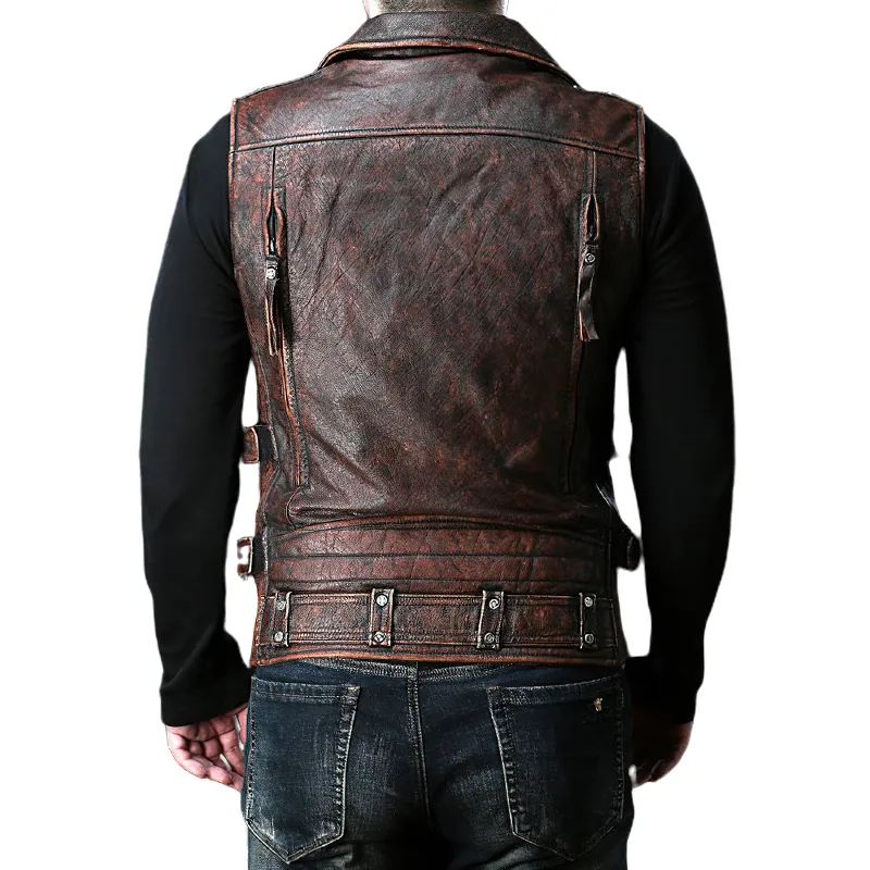 Vintage Heavy Genuine Leather Motorcycle Biker Vest for Men / Rock Style Sleeveless Waistcoats