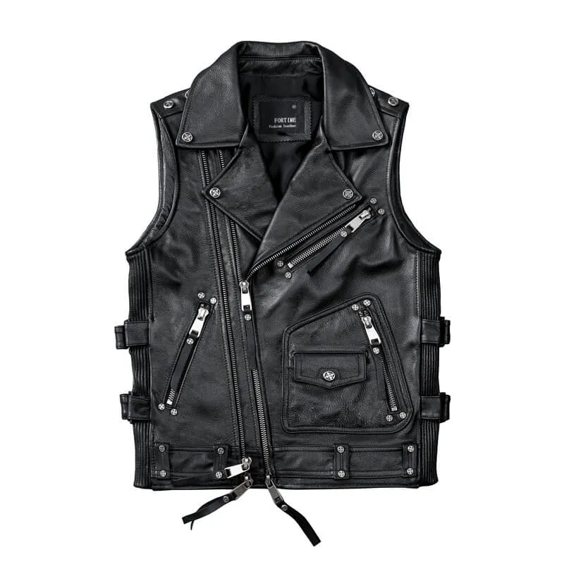 Vintage Heavy Genuine Leather Motorcycle Biker Vest for Men / Rock Style Sleeveless Waistcoats