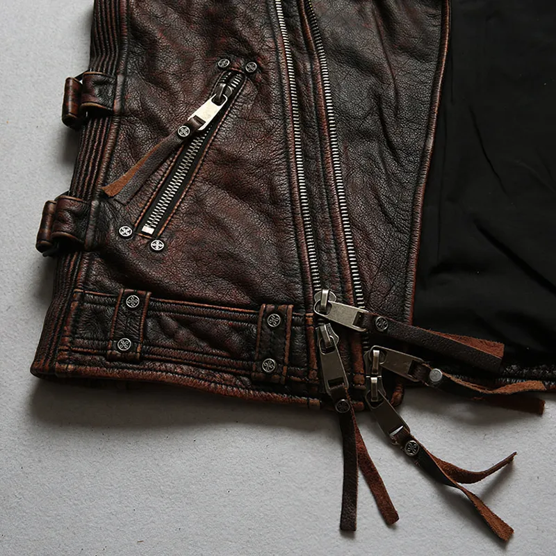 Vintage Heavy Genuine Leather Motorcycle Biker Vest for Men / Rock Style Sleeveless Waistcoats