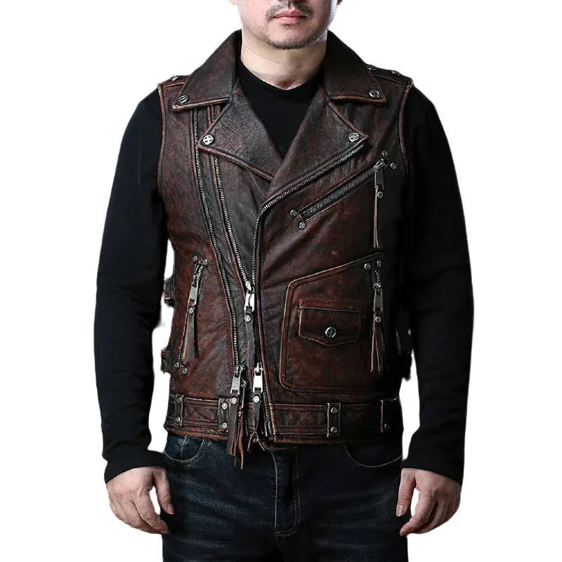 Vintage Heavy Genuine Leather Motorcycle Biker Vest for Men / Rock Style Sleeveless Waistcoats