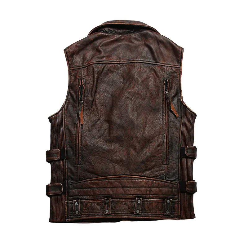 Vintage Heavy Genuine Leather Motorcycle Biker Vest for Men / Rock Style Sleeveless Waistcoats