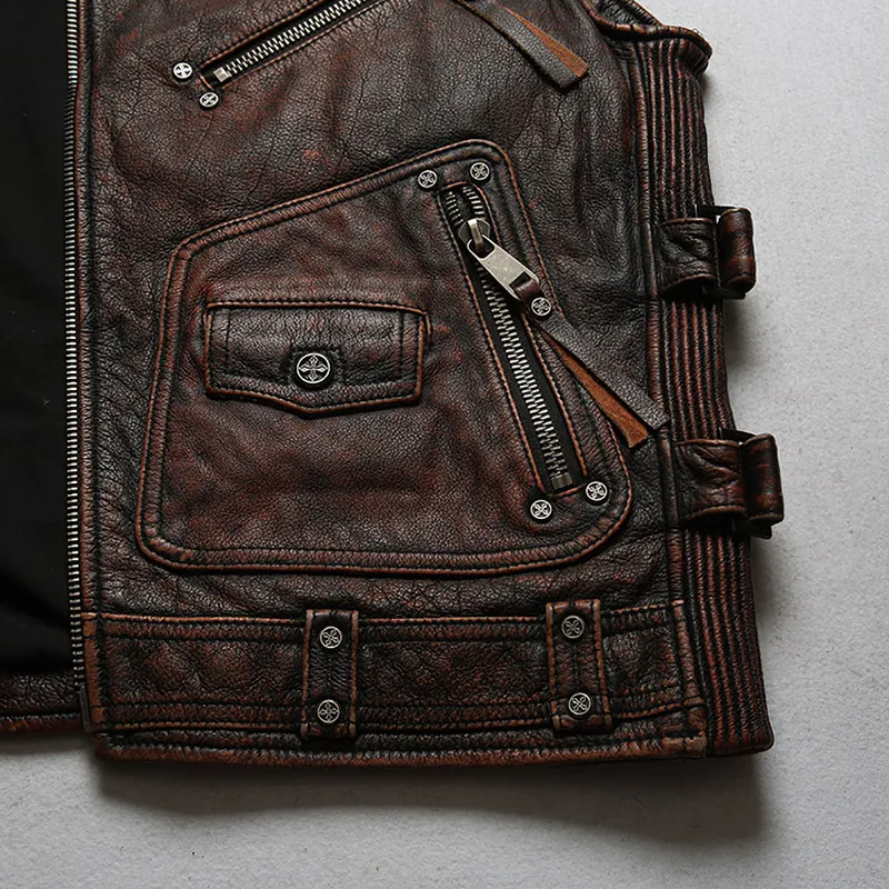 Vintage Heavy Genuine Leather Motorcycle Biker Vest for Men / Rock Style Sleeveless Waistcoats