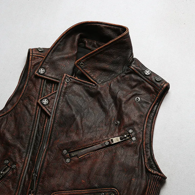 Vintage Heavy Genuine Leather Motorcycle Biker Vest for Men / Rock Style Sleeveless Waistcoats