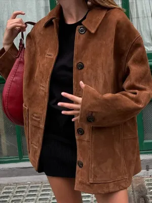 Wenkouban-Winter outfits Christmas Black Friday Lapel Collar Oversized Button Up Brown Suede Jacket