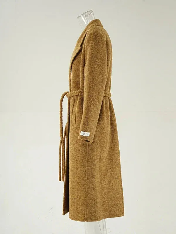 Wenkouban-Winter outfits Christmas Camel Notched Collar Tie-Up Tassel Wool Overcoat