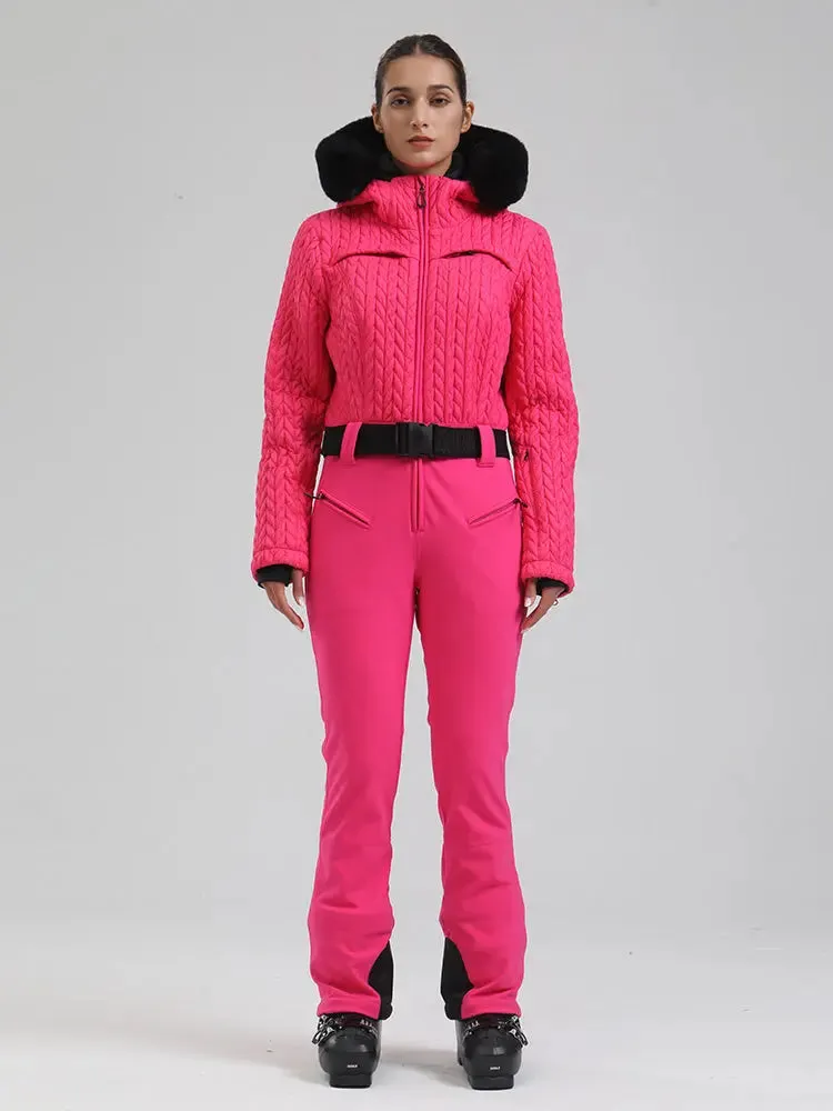 Women Chic Faux-Fur Trim Ski Suit Fitted One-piece Skisuits