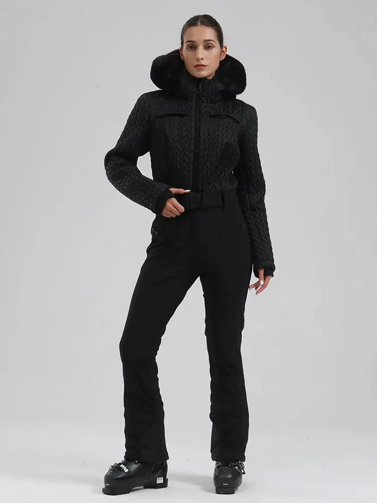 Women Chic Faux-Fur Trim Ski Suit Fitted One-piece Skisuits