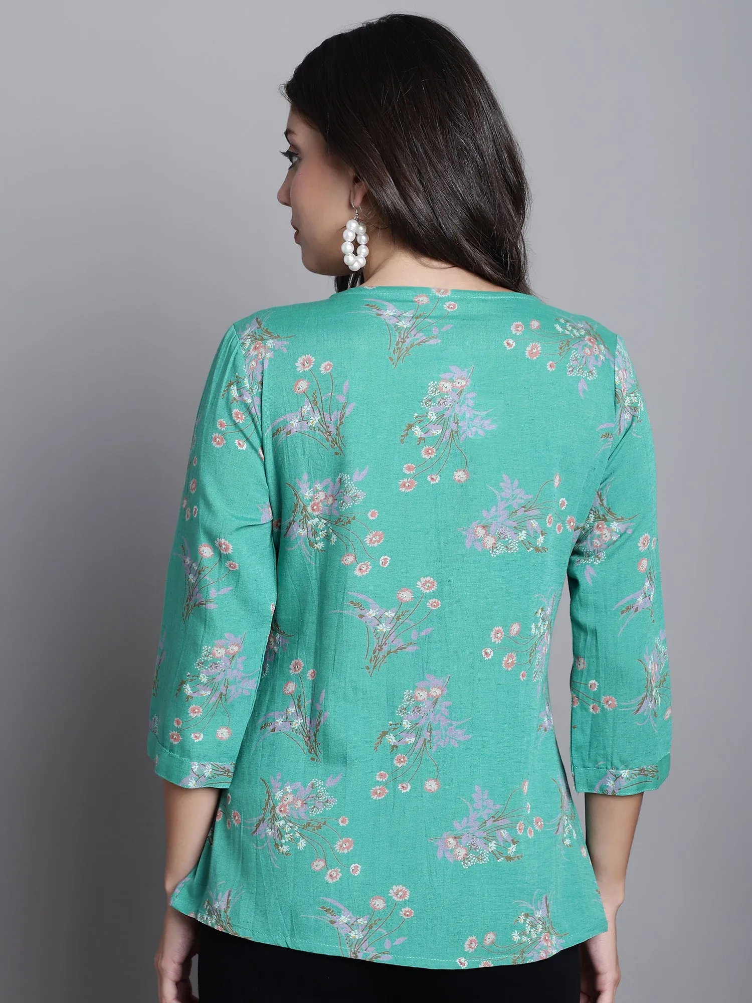 Women's Casual  Green Floral Print Round neck with tie up Top