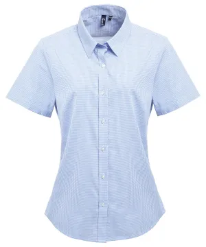 Womens Microcheck (Gingham) short sleeve cotton shirt | Light Blue/White